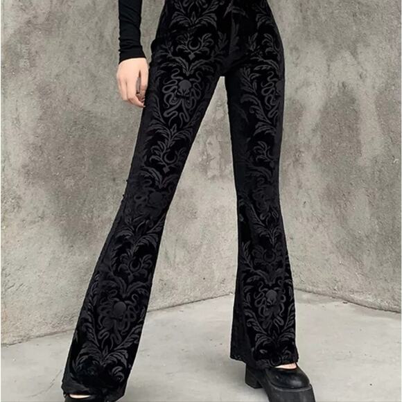 NWT Large Black Velour Damask Brocade Goth Cthulhu Flares - Picture 9 of 10